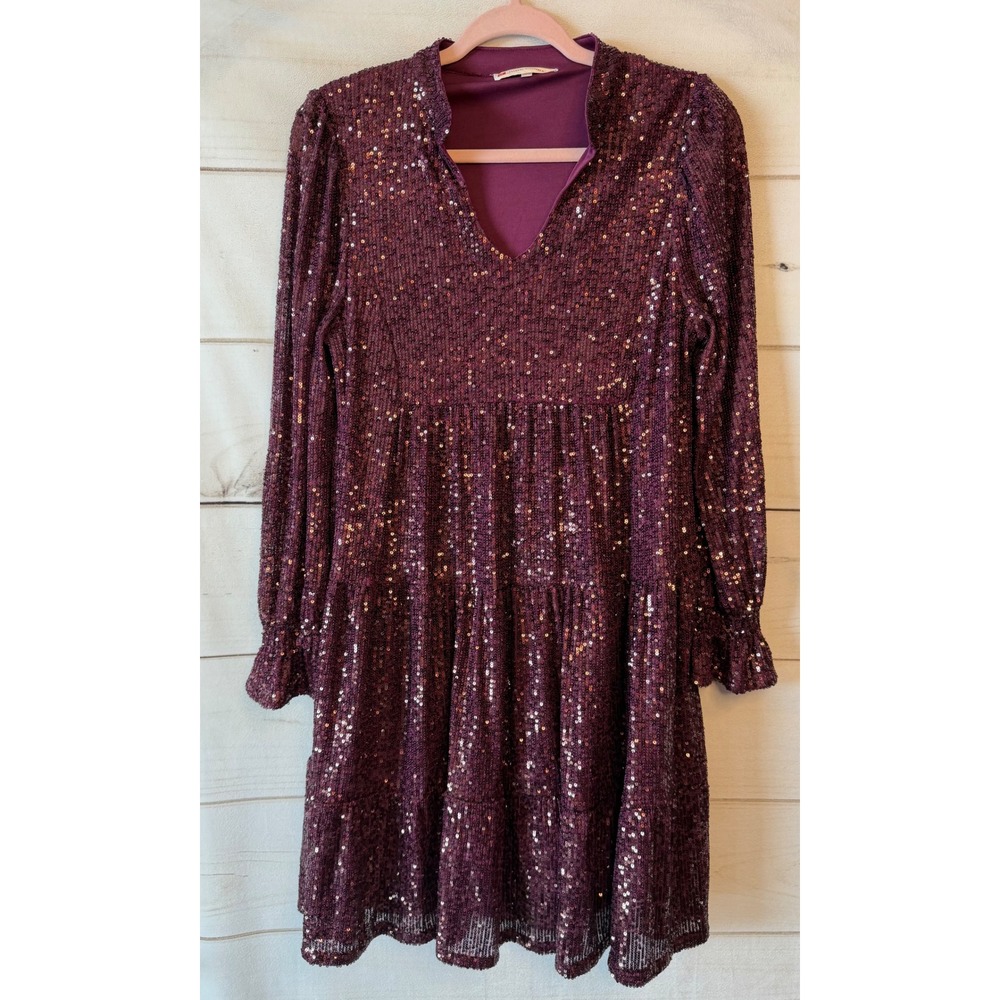 Jude Connally Sequin Tiered Mini Dress Plum Burgundy Long Sleeve V-Neck XS